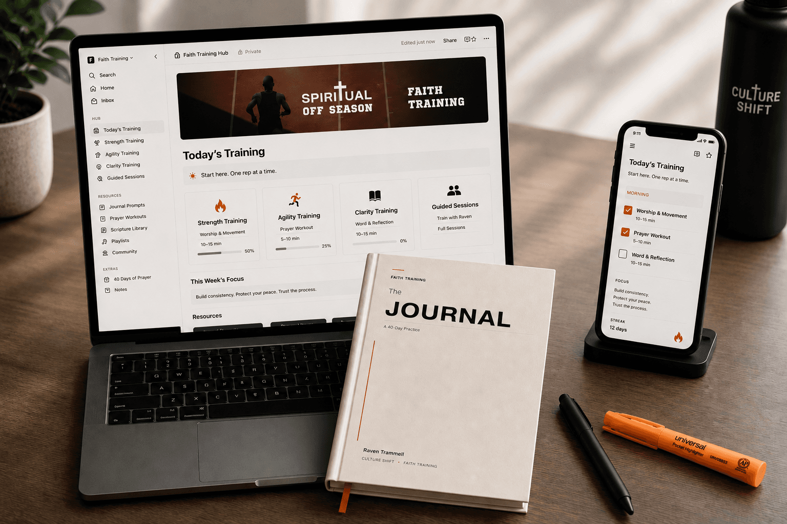 Faith Training Hub on laptop, Faith Training Journal, and Today's Training on phone
