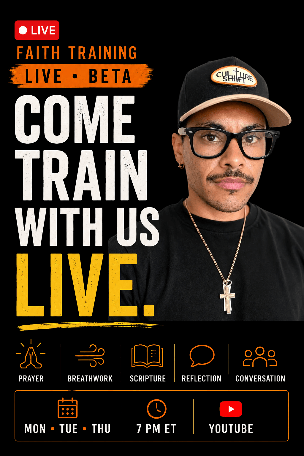 Faith Training Live Beta — come train with us live. Prayer, breathwork, scripture, reflection, and conversation. Mon, Tue, Thu at 7 PM ET on YouTube.